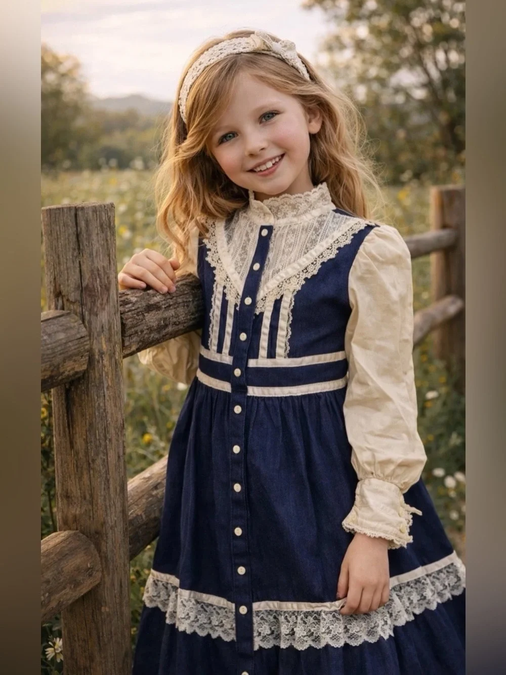 Gunne Sax Navy and Cream Lace Trim Girls' Dress